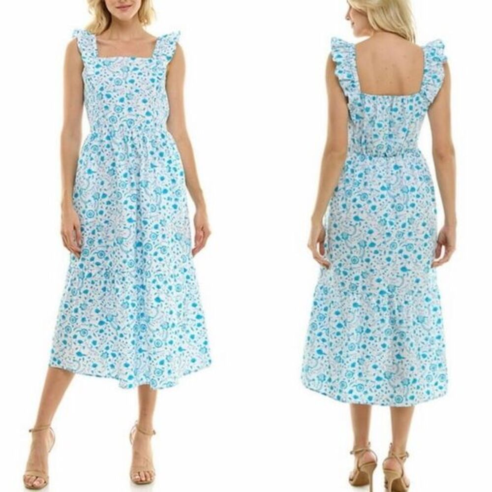 Draper James Ruffle Midi Dress in Blue Paisley Floral NWOT Size S